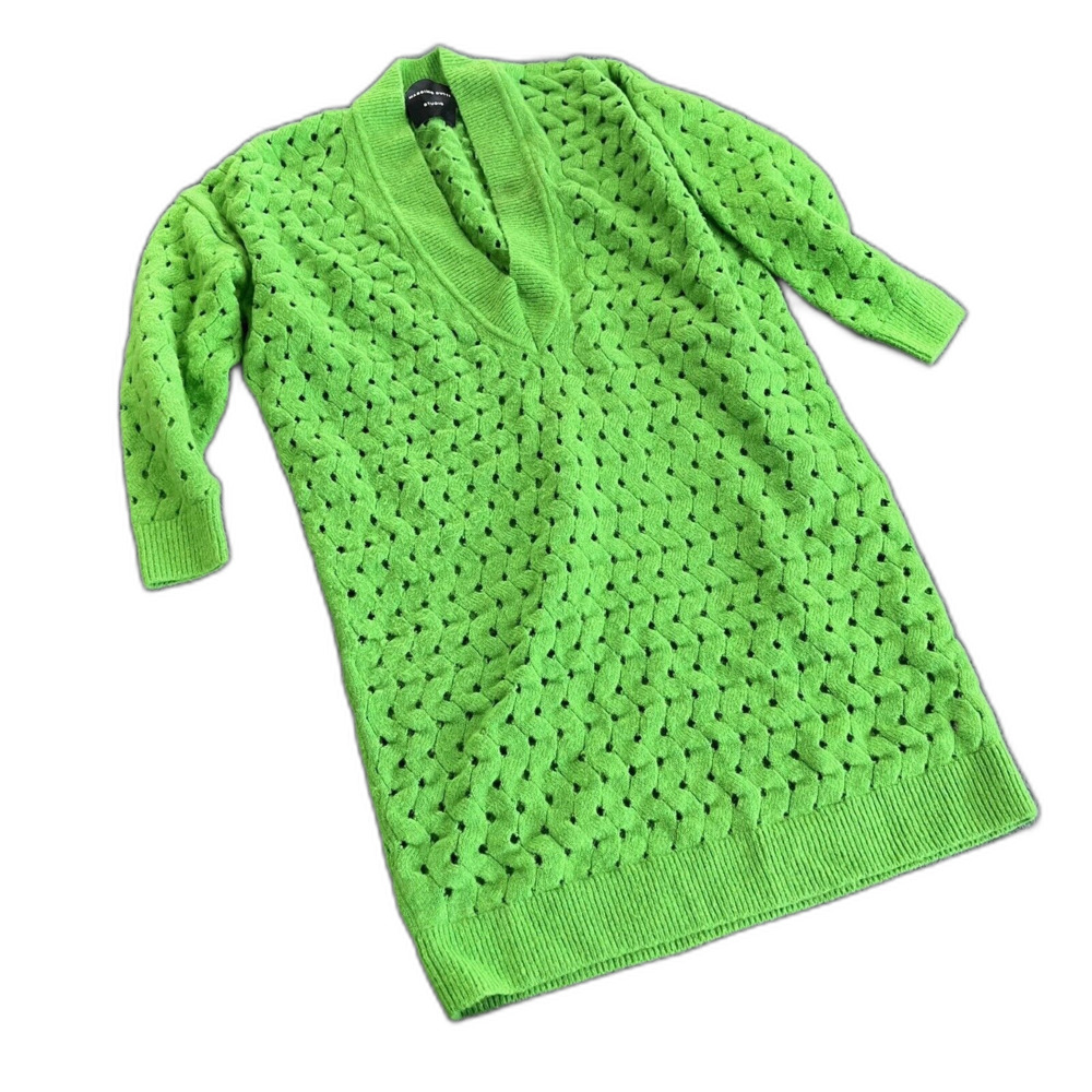 Massimo Dutti Short  Open Knit V-neck Long Sleeve Dress Green Size Medium